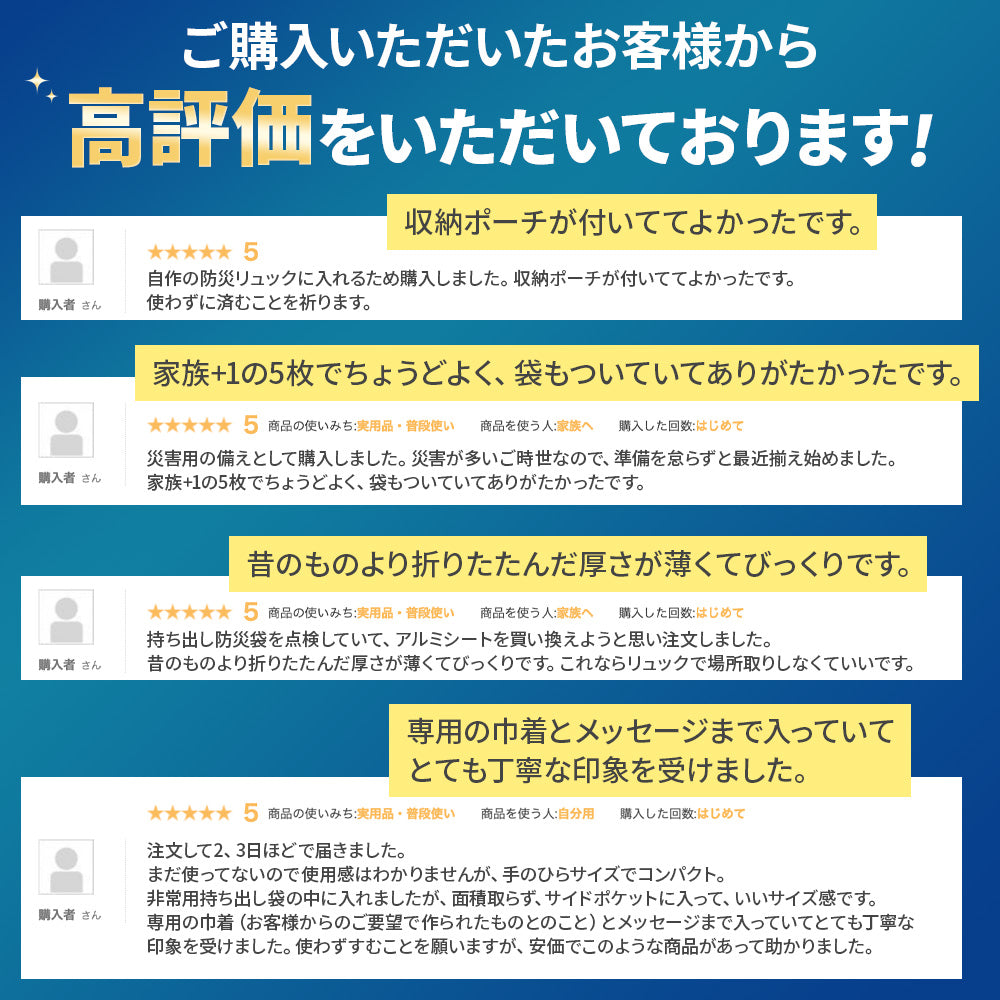 アルミシート 防災 サバイバル シート 5枚パック 地震 防災用品 災害セット 防災 緊急 非常用 エマージェンシーシート EMERGENCY SHEET <br><br>